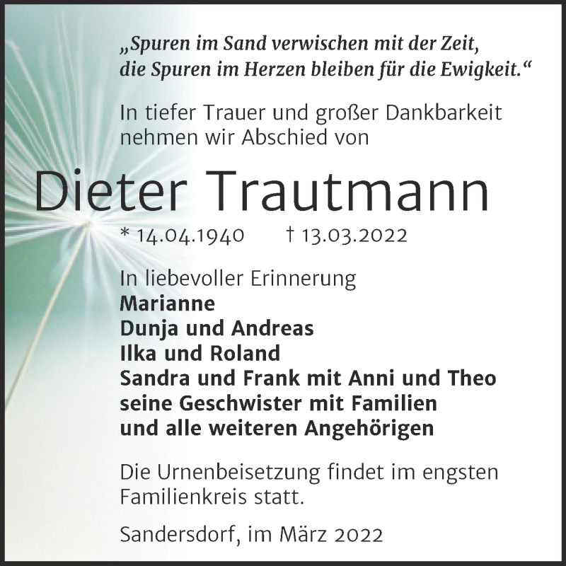  Traueranzeige für Dieter Trautmann vom 19.03.2022 aus Trauerkombi Bitterfeld