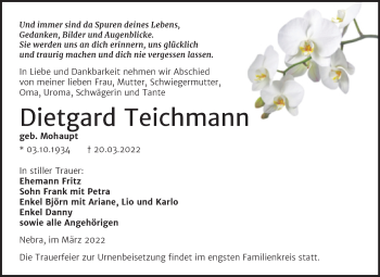 Traueranzeige von Dietgard Teichmann von Wochenspiegel Naumburg/Nebra