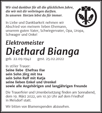 Traueranzeige von Diethard Bianga von Trauerkombi Aschersleben