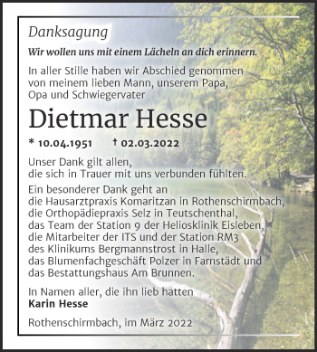Traueranzeige von Dietmar Hesse von Trauerkombi Mansfelder Land