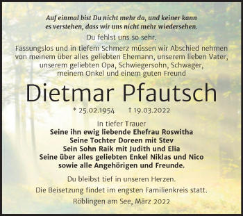 Traueranzeige von Dietmar Pfautsch von Trauerkombi Mansfelder Land