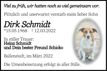 Traueranzeige von Dirk Schmidt von Trauerkombi Quedlinburg