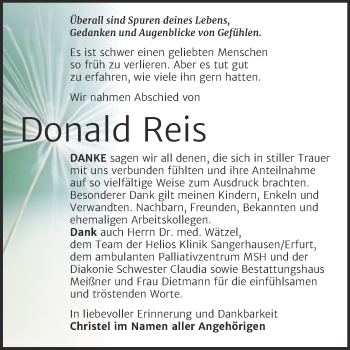 Traueranzeige von Donald Reis von Trauerkombi Sangerhausen