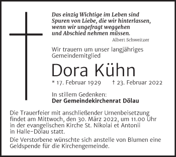 Traueranzeige von Dora Kühn von Mitteldeutsche Zeitung Halle/Saalkreis
