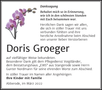 Traueranzeige von Doris Groeger von Trauerkombi Mansfelder Land