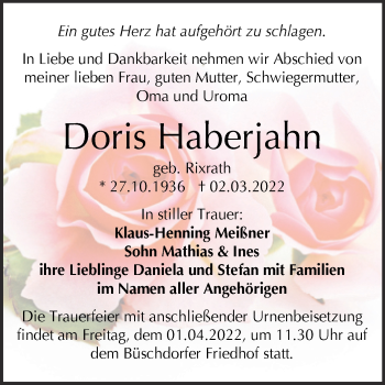 Traueranzeige von Doris Haberjahn von Mitteldeutsche Zeitung Halle/Saalkreis