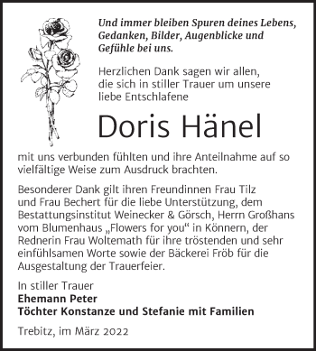 Traueranzeige von Doris Hänel von Trauerkombi Bernburg