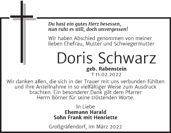 Traueranzeige von Doris Schwarz von Trauerkombi Merseburg