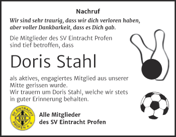 Traueranzeige von Doris Stahl von Trauerkombi Zeitz