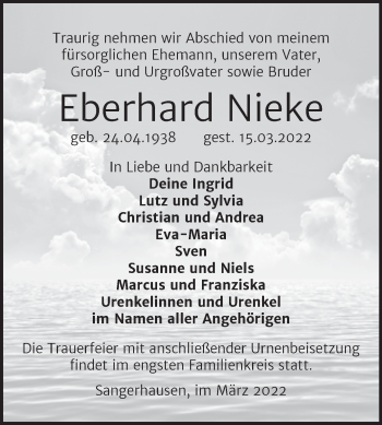 Traueranzeige von Eberhard Nieke von Trauerkombi Sangerhausen