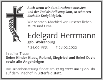 Traueranzeige von Edelgard Herrmann von Trauerkombi Bitterfeld