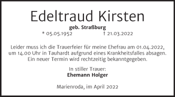 Traueranzeige von Edeltraud Kirsten von Naumburger Tageblatt