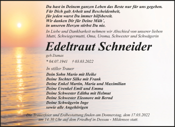 Traueranzeige von Edeltraut Schneider von Trauerkombi Dessau