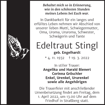 Traueranzeige von Edeltraut Stingl von Trauerkombi Quedlinburg