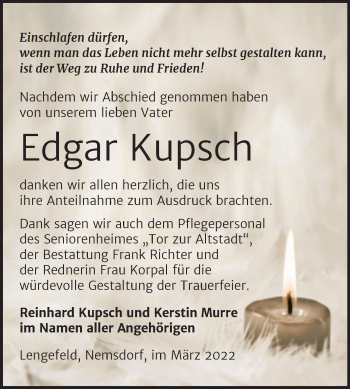 Traueranzeige von Edgar Kupsch von Trauerkombi Sangerhausen
