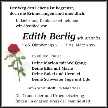 Traueranzeige von Edith Berlig von Trauerkombi Aschersleben