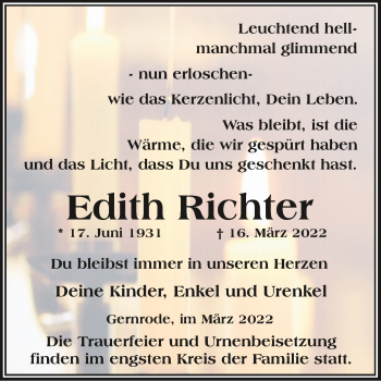 Traueranzeige von Edith Richter von Trauerkombi Quedlinburg