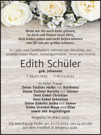 Traueranzeige von Edith Schüler von Trauerkombi Wittenberg