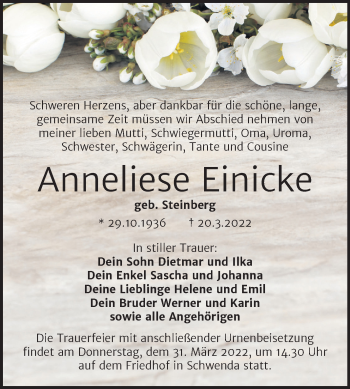 Traueranzeige von Anneliese Einicke von Trauerkombi Sangerhausen