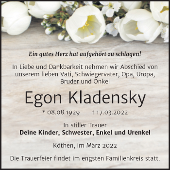 Traueranzeige von Egon Kladensky von Trauerkombi Köthen