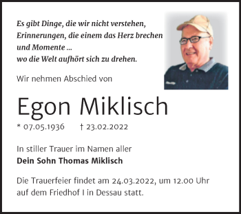 Traueranzeige von Egon Miklisch von Trauerkombi Dessau