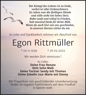 Traueranzeige von Egon Rittmüller von Trauerkombi Bitterfeld