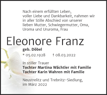 Traueranzeige von Eleonore Franz von Trauerkombi Weißenfels