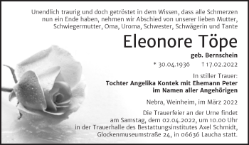 Traueranzeige von Eleonore Töpe von Wochenspiegel Naumburg/Nebra