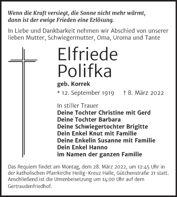 Traueranzeige von Elfriede Polifka von Mitteldeutsche Zeitung Halle/Saalkreis