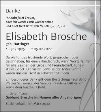 Traueranzeige von Elisabeth Brosche von Trauerkombi Mansfelder Land