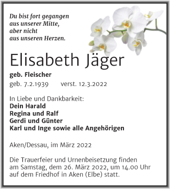 Traueranzeige von Elisabeth Jäger von Trauerkombi Köthen