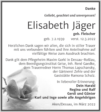 Traueranzeige von Elisabeth Jäger von Trauerkombi Köthen