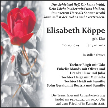 Traueranzeige von Elisabeth Köppe von Trauerkombi Bitterfeld