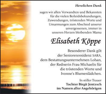 Traueranzeige von Elisabeth Köppe von Trauerkombi Bitterfeld