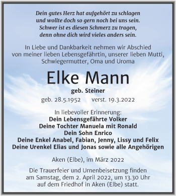 Traueranzeige von Elke Mann von Trauerkombi Köthen