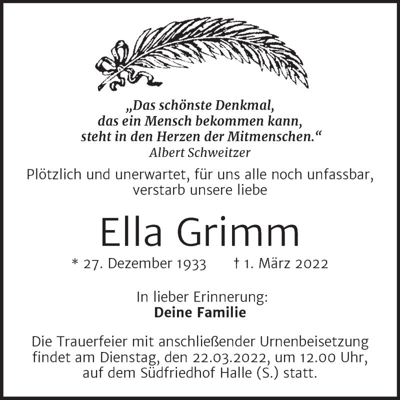  Traueranzeige für Ella Grimm vom 12.03.2022 aus Mitteldeutsche Zeitung Halle/Saalkreis