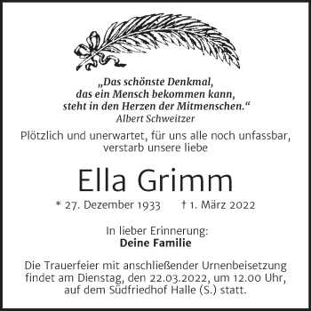 Traueranzeige von Ella Grimm von Mitteldeutsche Zeitung Halle/Saalkreis