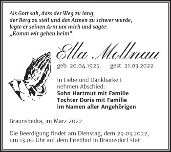 Traueranzeige von Ella Mollnau von Trauerkombi Merseburg