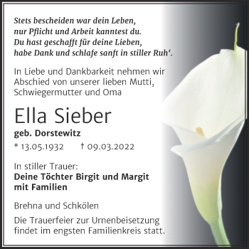 Traueranzeige von Ella Sieber von Wochenspiegel Naumburg/Nebra