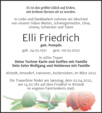 Traueranzeige von Elli Friedrich von Trauerkombi Sangerhausen