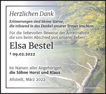 Traueranzeige von Elsa Bestel von Trauerkombi Mansfelder Land