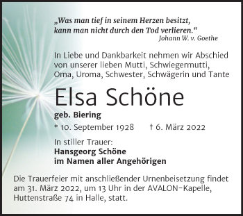 Traueranzeige von Elsa Schöne von Mitteldeutsche Zeitung Halle/Saalkreis