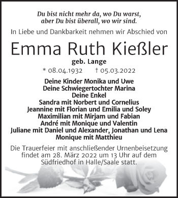 Traueranzeige von Emma Ruth Kießler von Mitteldeutsche Zeitung Halle/Saalkreis