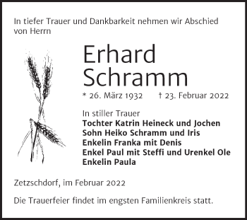 Traueranzeige von Erhard Schramm von Trauerkombi Zeitz