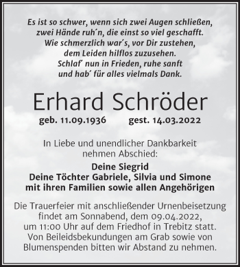 Traueranzeige von Erhard Schröder von Trauerkombi Wittenberg