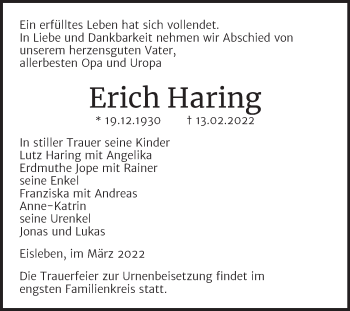 Traueranzeige von Erich Haring von Trauerkombi Mansfelder Land