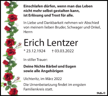 Traueranzeige von Erich Lentzer von Trauerkombi Weißenfels