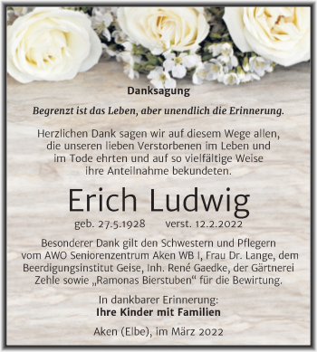 Traueranzeige von Erich Ludwig von Trauerkombi Köthen