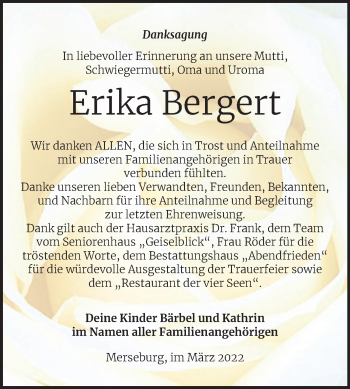 Traueranzeige von Erika Bergert von Trauerkombi Merseburg