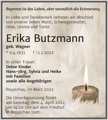 Traueranzeige von Erika Butzmann von Trauerkombi Köthen